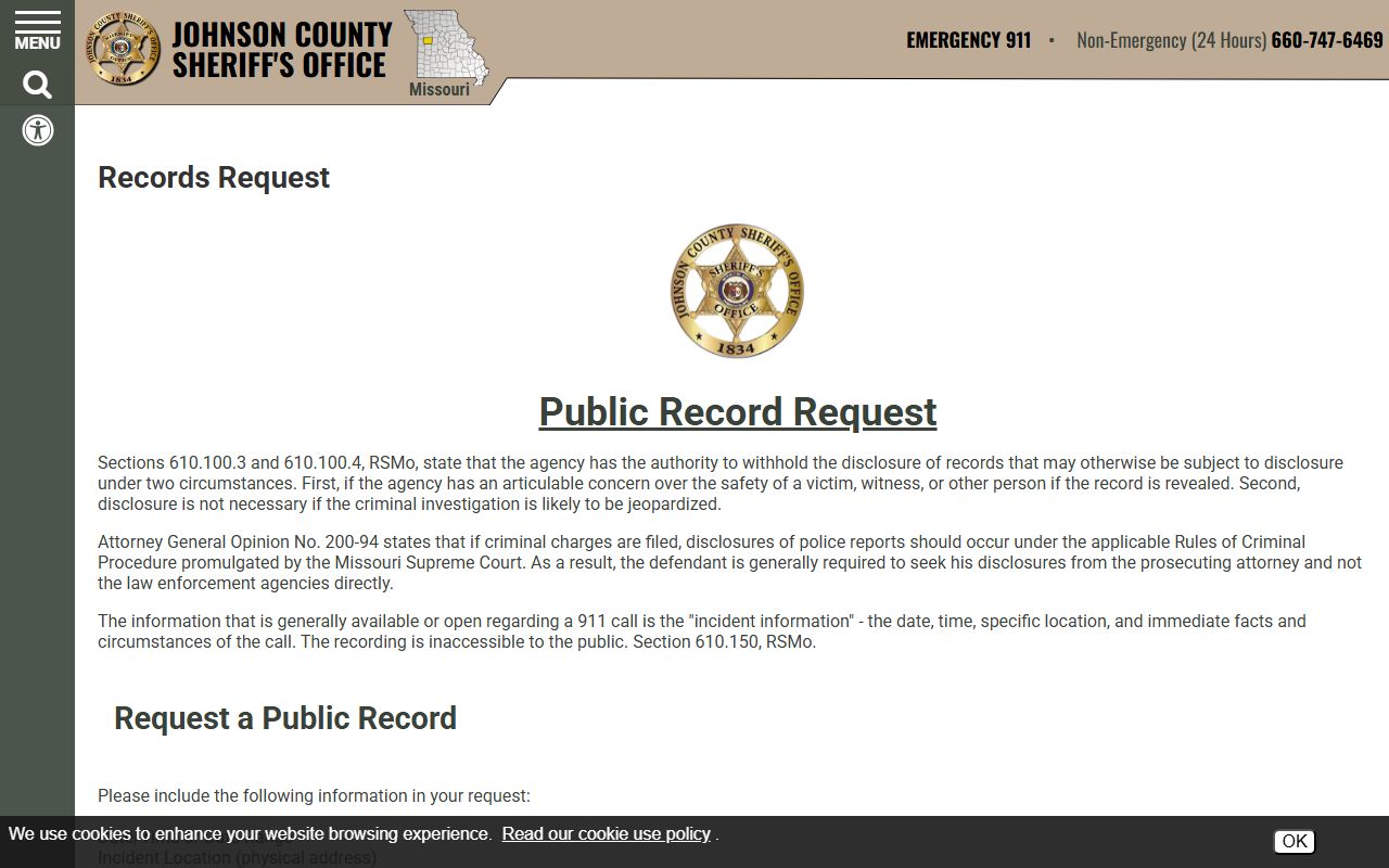 Johnson County sheriff records request page for jail and arrest records