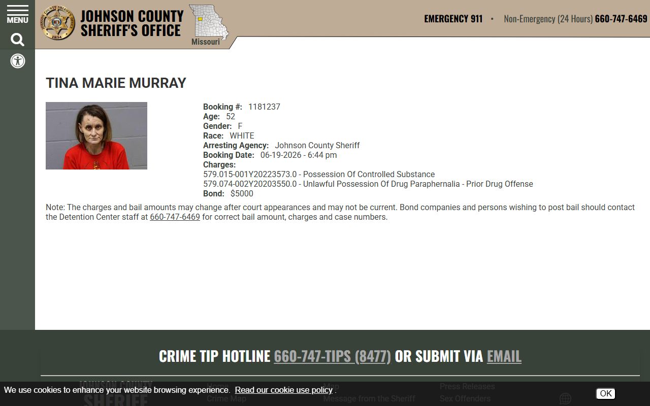 Johnson County inmate profile record with mugshot booking number charges and bond