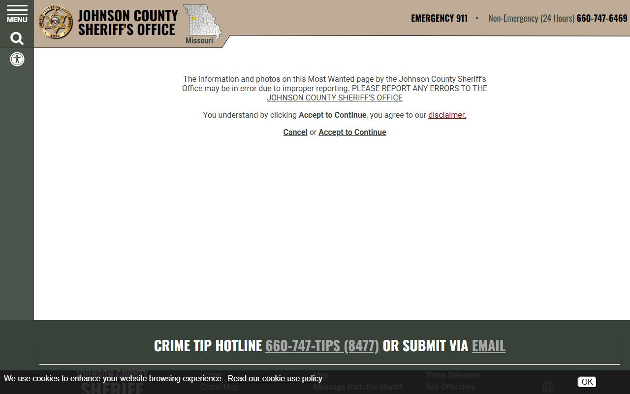 Johnson County mugshot and most wanted photo disclaimer from the sheriff site