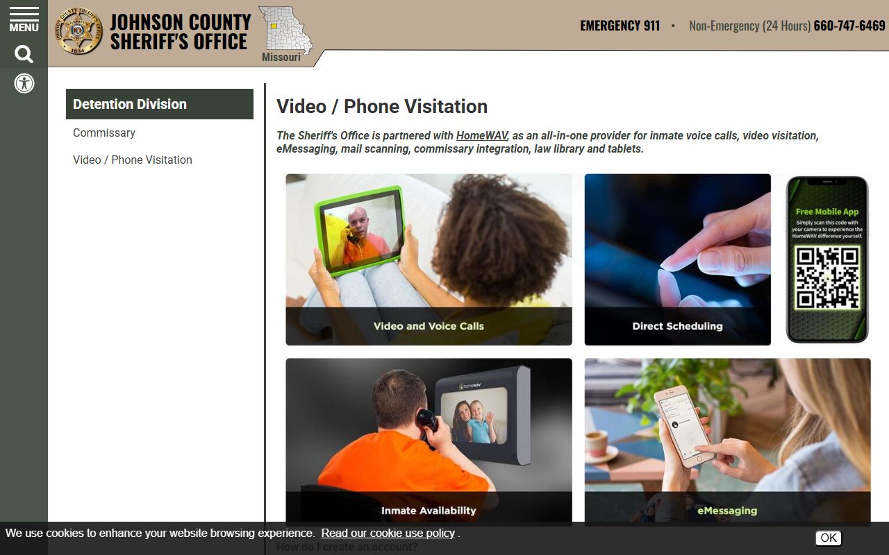 Johnson County Detention Center inmate video visitation and phone service through HomeWAV
