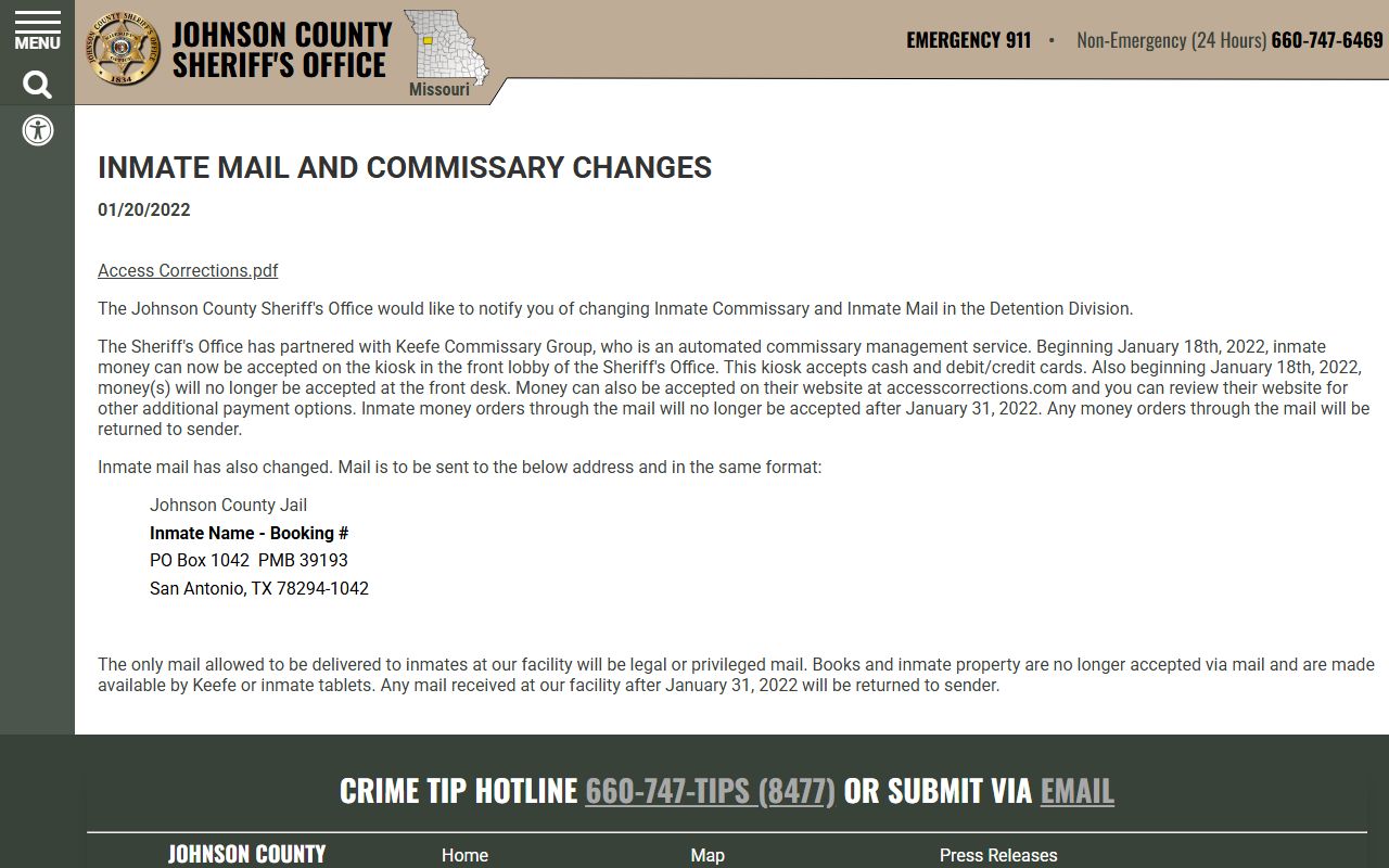 Johnson County Detention Center inmate mail commissary and deposit rules